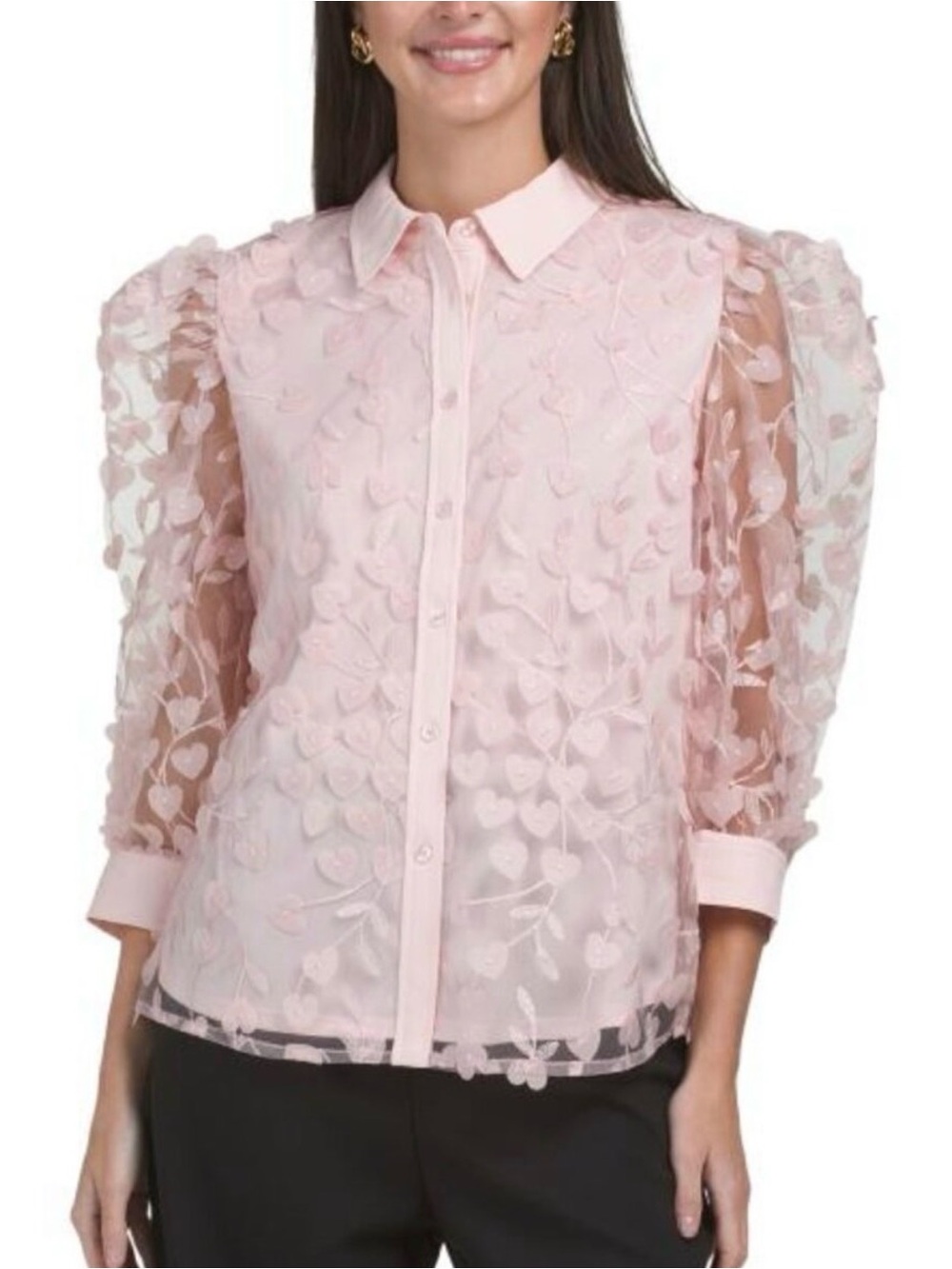Anne Klein Light Pink Sheer Floral Appliqué Button Down Blouse